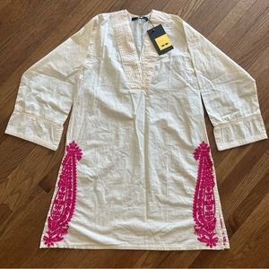 Khaddi Pakistani Kurta Cream & Pink Embroidery Tunic  Side Slits Size 8